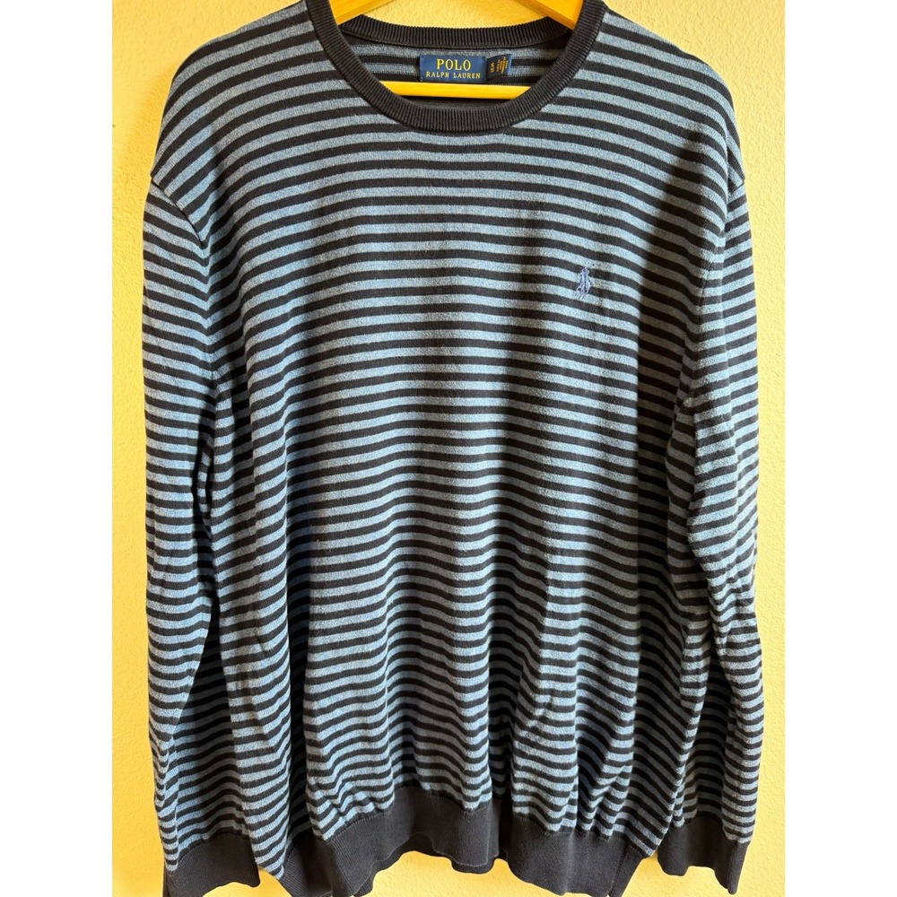 Polo Ralph Lauren Men's Cotton Knit Striped Logo Crewneck Sweater XL Blue